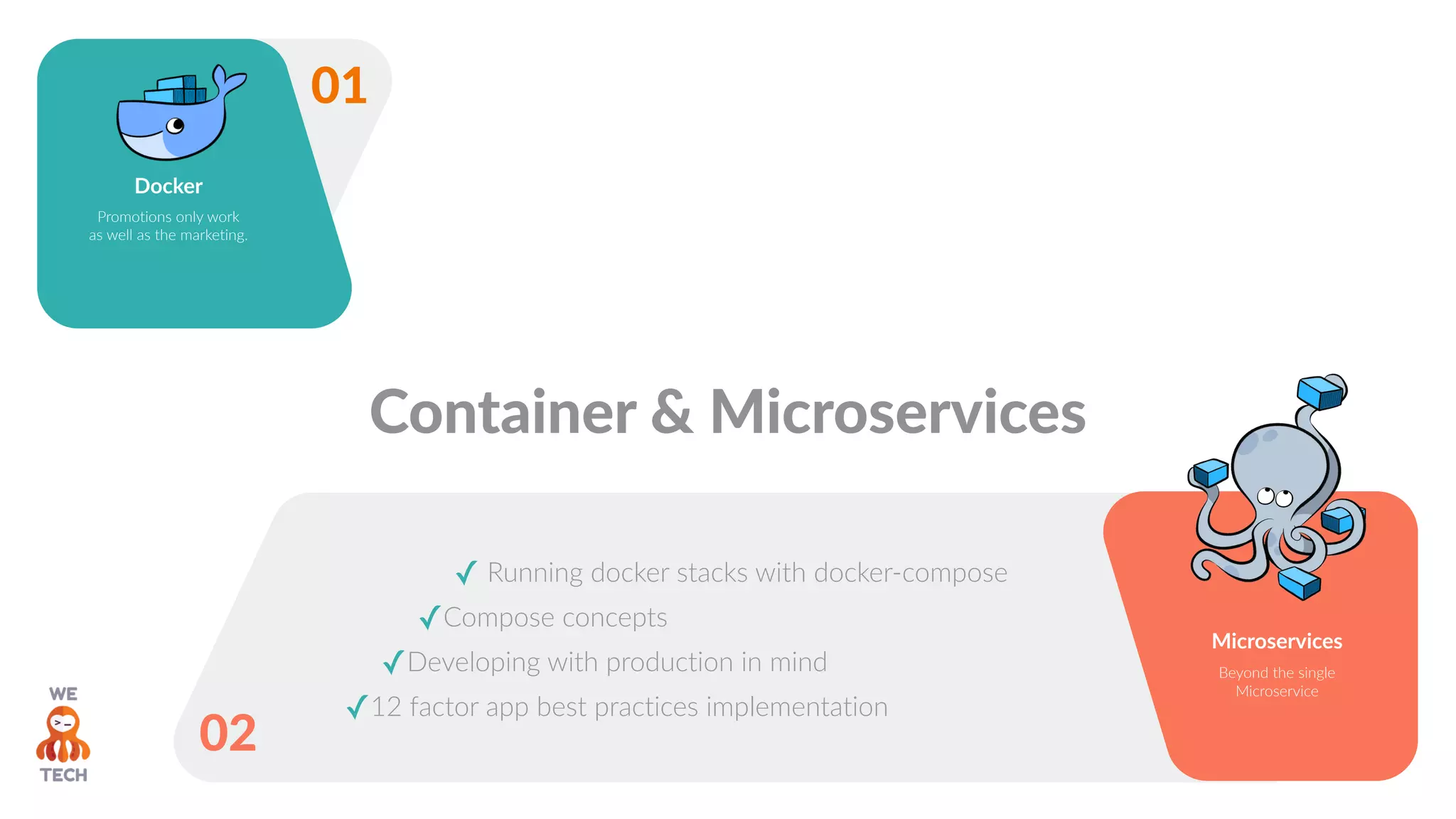 02
✓ Running docker stacks with docker-compose
✓Compose concepts
✓Developing with production in mind
✓12 factor app best practices implementation
Microservices
Beyond the single
Microservice
Docker
Promotions only work
as well as the marketing.
01
Container & Microservices
 