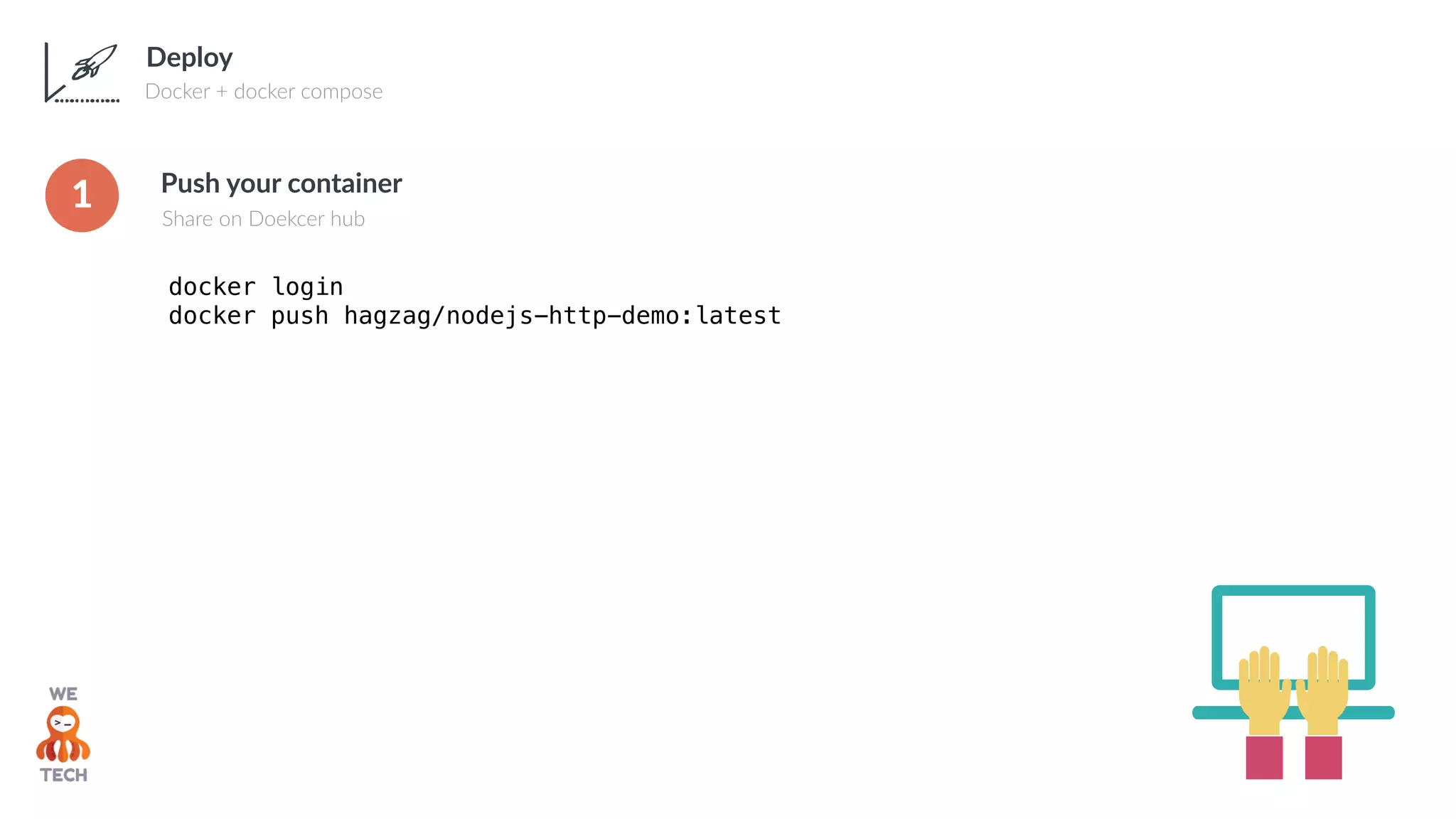 Deploy
Docker + docker compose
Push your container
Share on Doekcer hub
docker login
docker push hagzag/nodejs-http-demo:latest
71
 
