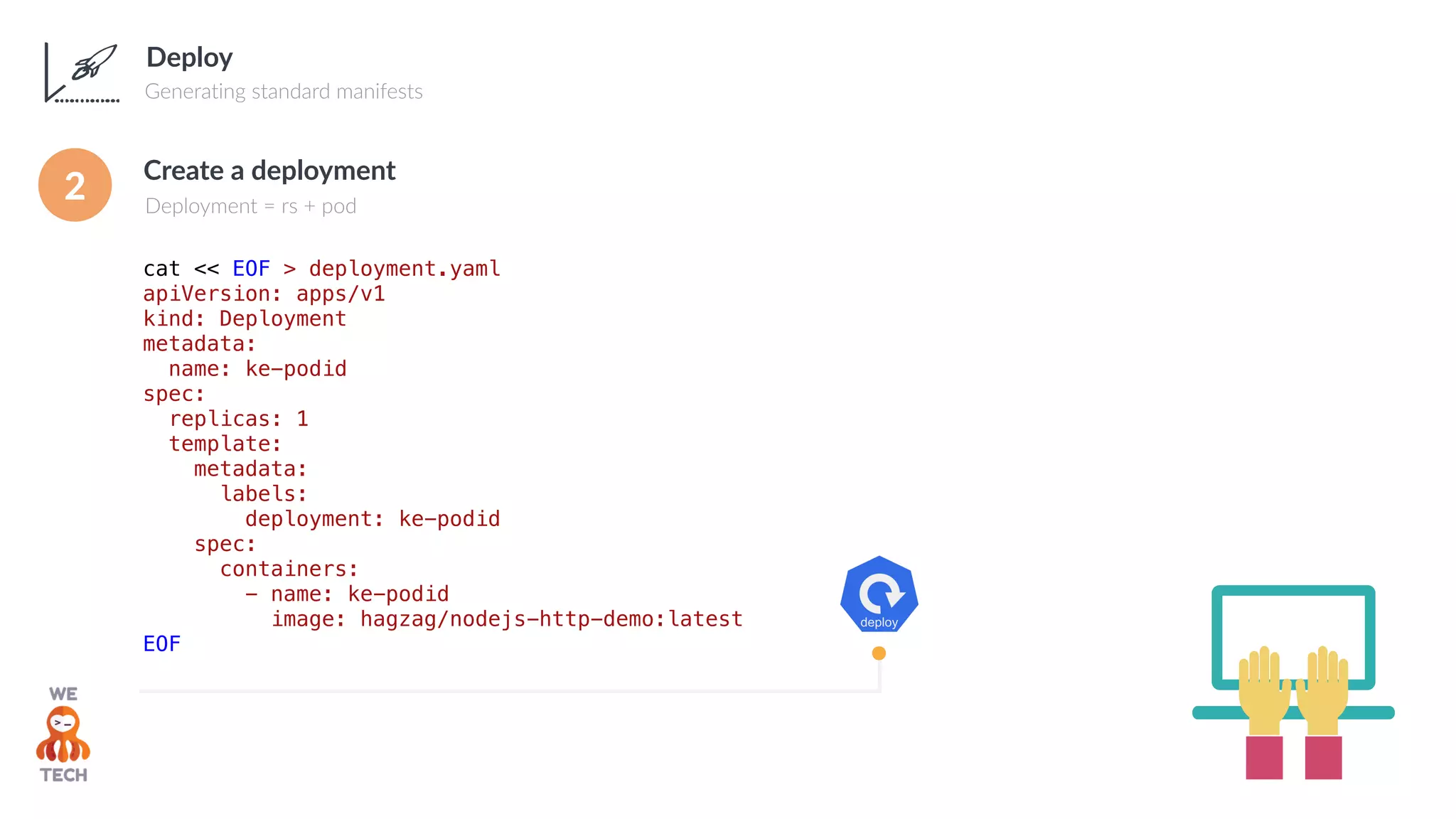Deploy
Generating standard manifests
Create a deployment
Deployment = rs + pod
cat << EOF > deployment.yaml
apiVersion: apps/v1
kind: Deployment
metadata:
name: ke-podid
spec:
replicas: 1
template:
metadata:
labels:
deployment: ke-podid
spec:
containers:
- name: ke-podid
image: hagzag/nodejs-http-demo:latest
EOF
2
 