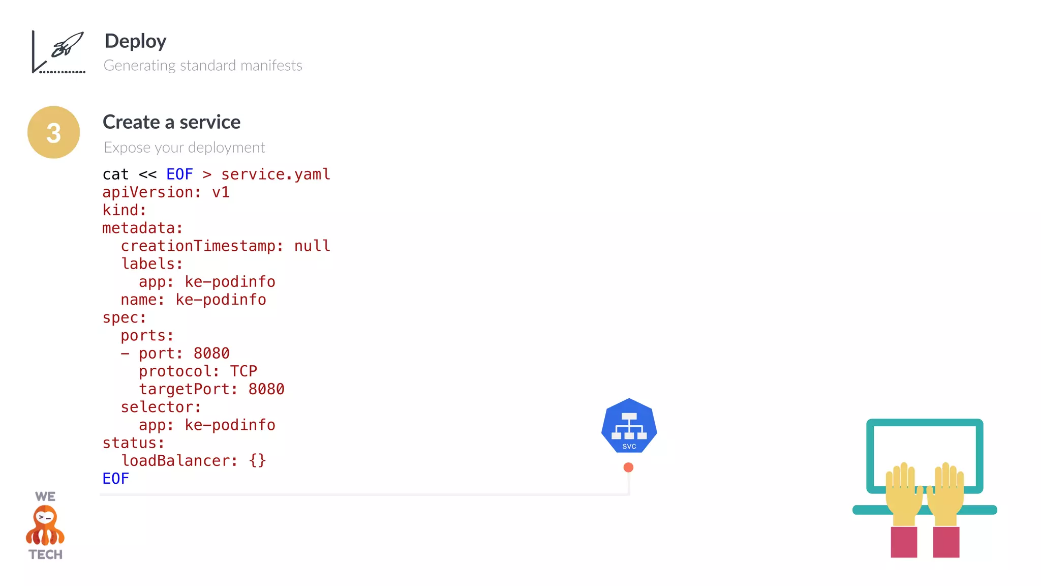 Deploy
Generating standard manifests
Create a service
Expose your deployment
cat << EOF > service.yaml
apiVersion: v1
kind:
metadata:
creationTimestamp: null
labels:
app: ke-podinfo
name: ke-podinfo
spec:
ports:
- port: 8080
protocol: TCP
targetPort: 8080
selector:
app: ke-podinfo
status:
loadBalancer: {}
EOF
3
 