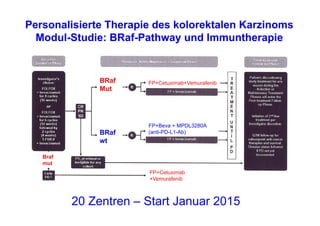 Personalisierte Therapie des kolorektalen Karzinoms
Modul-Studie: BRaf-Pathway und Immuntherapie
BRaf
Mut
BRaf
wt
FP+Cetuximab+Vemurafenib
FP+Cetuximab
+Vemurafenib
Braf
mut
FP+Beva + MPDL3280A
(anti-PD-L1-Ab)
20 Zentren – Start Januar 2015
 
