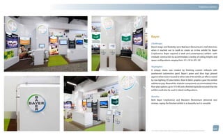 thinkubik.com                                                                                                                   Tradeshow Exhibits




                Bayer
                Challenge:
                Brand image and flexibility were MaClaren Momentum’s chief directives
                when it reached out to kubik to create an in-line exhibit for Bayer
                CropScience. Bayer required a sleek and contemporary exhibit—with
                modular construction to accommodate a variety of ceiling heights and
                space configurations ranging from 10’ x 10’ to 20’ x 20’.


                Highlights:
                A unique sheen was created by finishing custom millwork with
                pearlescent automotive paint. Bayer’s green and blue logo glowed
                against white towers located at either side of the exhibit, an effect created
                by rear-lighting 3D plexi letters. Rear-lit fabric graphics gave the exhibit
                additional pop. Meanwhile, modular components accommodated inline
                floor plan options up to 10’ x 40’ and a finished backside ensured that the
                exhibit could also be used in island configurations.


                Results:
                Both Bayer CropScience and Maclaren Momentum delivered rave
                reviews, saying the finished exhibit is as beautiful as it is versatile.




                © 2012 kubik inc. All rights reserved.® ‘kubik’, ‘think kubik’ and ‘beyond imagination’ are registered trademarks of kubik Inc.
 