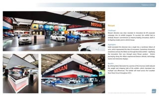 thinkubik.com                                                                                                                   Tradeshow Exhibits




                Nissan
                Challenge:
                Nissan’s direction was clear: translate its Innovation for All corporate
                campaign into its exhibit program. To succeed, this exhibit had to
                embody Nissan’s commitment to industry-leading innovation, both in
                its flagship models and its vehicle lineup.


                Highlights:
                kubik translated this directive into a single line, a rectilinear ribbon of
                sorts, which represented the idea of innovation. Sometimes horizontal,
                sometimes vertical, the ribbon ran through the entire exhibit—signifying
                the innovation that runs through every Nissan product. Visitors
                journeying along the ribbon experienced feature vehicles, technology
                stories and interactive displays.


                Results:
                By utilizing fabric fabrication for a portion of the structure, kubik reduced
                the weight and shipping bulk of the exhibit—which translated into
                multiple cost efficiencies. The exhibit will travel across the Canadian
                Auto Show Circuit throughout 2012.




                © 2012 kubik inc. All rights reserved.® ‘kubik’, ‘think kubik’ and ‘beyond imagination’ are registered trademarks of kubik Inc.
 