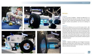 thinkubik.com                                                                                                                   Tradeshow Exhibits




                Michelin
                Challenge:
                For their new booth at CONEXPO – CON/AGG and MINE Expo in Las
                Vegas, Michelin had three directives for kubik: make it new, fresh and
                spectacular; make it modular and transportable; and make it to follow
                Michelin’s corporate visual guidelines. Just the sort of challenge we
                enjoy!


                Highlights:
                kubik’s idea for Michelin was to use all of the space we had – both
                horizontal and vertical. The main level was for product display and was
                dressed with large images of product at work around the world. Above
                that was an 800 sq.ft. upper deck that was used as a meeting space with
                a large office, closed door internet lounge, and social area with a serving
                bar and lots of soft seating. Above that was an 18’ diameter ring with
                3 large logos. Components featured boldly curved surfaces and blue
                glowing walls, all strategically lit to draw attention to Michelin products
                on display throughout.

                Results:
                CONEXPO - CON/AGG and MINE Expo are the biggest Construction/
                Aggregate and Mining shows in North America, and the new Michelin
                booth stood out and made a spectacular visual impact – and was a true
                reflection of Michelin brand quality.




                © 2012 kubik inc. All rights reserved.® ‘kubik’, ‘think kubik’ and ‘beyond imagination’ are registered trademarks of kubik Inc.
 