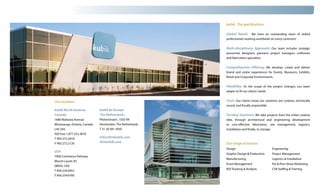 kubik: The specifications

                                                            Global Reach: We have an outstanding team of skilled
                                                            professionals working worldwide on every continent.’


                                                            Multi-disciplinary Approach: Our team includes strategic
                                                            personnel, designers, planners, project managers, craftsmen
                                                            and fabrication specialists.


                                                            Comprehensive Offering: We develop, create and deliver
                                                            brand and visitor experiences for Events, Museums, Exhibits,
                                                            Retail and Corporate Environments.


                                                            Flexibility: As the scope of the project changes, our team
                                                            adapts to fit our clients’ needs.


Our locations                                               Trust: Our clients know our solutions are creative, technically
                                                            sound, and fiscally responsible.
kubik North America            kubik bv Europe
Canada                         The Netherlands              Turnkey Solutions: We take projects from the initial creative
1680 Mattawa Avenue            Plotterstraat1, 1033 RX      idea, through architectural and engineering development
Mississauga, Ontario, Canada   Amsterdam, The Netherlands   to cost-effective fabrication, site management, logistics,
L4X 3A5                        T 31 20 581 3030             installation and finally, to storage.
Toll Free 1.877.252.2818
T 905.272.2818                 info@thinkubik.com
F 905.272.2120                 thinkubik.com                Our range of services
                                                            Design				Engineering
USA
                                                            Graphic Design & Production­	      Project Management
7000 Commerce Parkway
                                                            Manufacturing			                   Logistics & Installation
Mount Laurel, NJ
                                                            Event Management		                 Pre & Post-Show Marketing
08054, USA
                                                            ROI Tracking & Analysis		          CSR Staffing & Training
T 856.234.0052
F 856.234.0760
 
