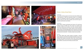 thinkubik.com                                                                                                                                 Mobile Tours




                Puma | Volvo Ocean Race
                Challenge:
                As the official clothing supplier for the Volvo Ocean Race, PUMA wanted
                a retail presence to match the spectacular impact of its hospitality
                pavilion. The challenge for kubik was to develop a concept that could
                help the client sell a wide range of product, and survive the rigors of
                round-the-world travel in any weather.


                Highlights:
                kubik created a mobile merchandising store based on the spectacular
                container concept of PUMA City. Four 40 foot sea containers held
                everything needed during transport, and when connected together
                on site, were transformed into a modern, dynamic retail environment.
                Bright red paint and huge PUMA graphics left no doubt who was behind
                it all. kubik delivered the fully operational stores within three days, with
                all required technical facilities – including complete water-proofing!


                Results:
                The unique PUMA retail concept traveled successfully to Alicante
                (Spain), Capetown (South Africa), Abu Dhabi (Abu Dhabi), Sanya( China),
                Auckland (New Zealand), Itajai (Brazil), Miami (USA), Lisbon (Portugal)
                and Galway (Ireland). The store lived up to the challenging Volvo Ocean
                Race conditions, and sales were extremely successful as well.




                © 2012 kubik inc. All rights reserved.® ‘kubik’, ‘think kubik’ and ‘beyond imagination’ are registered trademarks of kubik Inc.
 