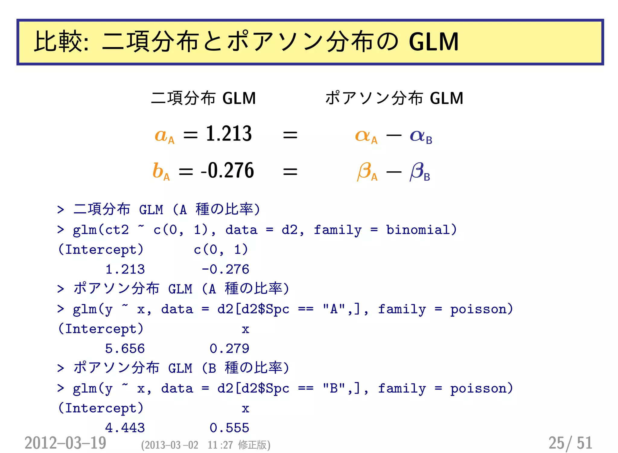 比較: 二項分布とポアソン分布の GLM
二項分布 GLM ポアソン分布 GLM
aA = 1.213 = αA − αB
bA = -0.276 = βA − βB
> 二項分布 GLM (A 種の比率)
> glm(ct2 ~ c(0, 1), data = d2, family = binomial)
(Intercept) c(0, 1)
1.213 -0.276
> ポアソン分布 GLM (A 種の比率)
> glm(y ~ x, data = d2[d2$Spc == "A",], family = poisson)
(Intercept) x
5.656 0.279
> ポアソン分布 GLM (B 種の比率)
> glm(y ~ x, data = d2[d2$Spc == "B",], family = poisson)
(Intercept) x
4.443 0.555
2012–03–19 (2013–03 –02 11 :27 修正版) 25/ 51
 