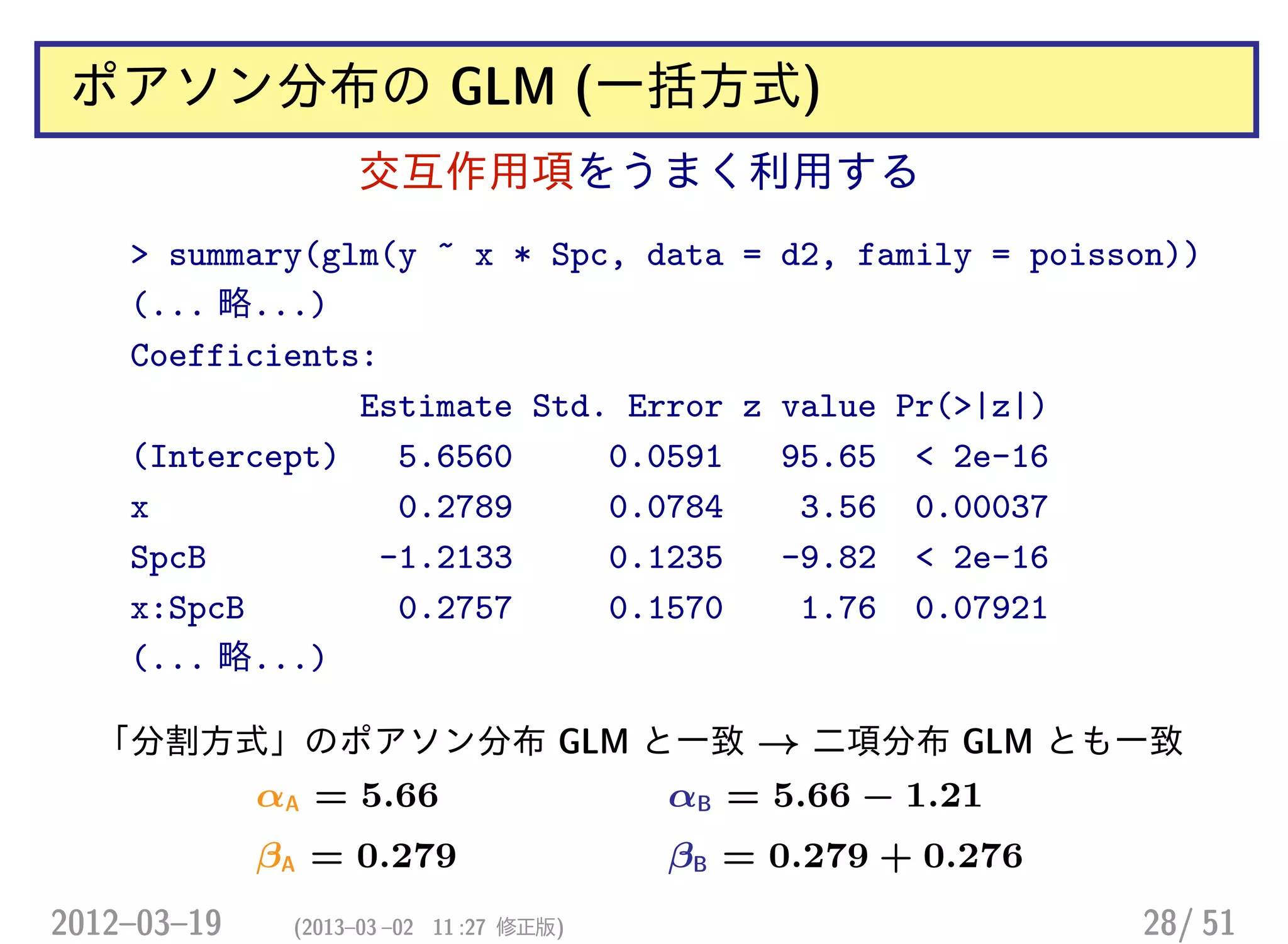 ポアソン分布の GLM (一括方式)
交互作用項をうまく利用する
> summary(glm(y ~ x * Spc, data = d2, family = poisson))
(... 略...)
Coefficients:
Estimate Std. Error z value Pr(>|z|)
(Intercept) 5.6560 0.0591 95.65 < 2e-16
x 0.2789 0.0784 3.56 0.00037
SpcB -1.2133 0.1235 -9.82 < 2e-16
x:SpcB 0.2757 0.1570 1.76 0.07921
(... 略...)
「分割方式」のポアソン分布 GLM と一致 → 二項分布 GLM とも一致
αA = 5.66 αB = 5.66 − 1.21
βA = 0.279 βB = 0.279 + 0.276
2012–03–19 (2013–03 –02 11 :27 修正版) 28/ 51
 