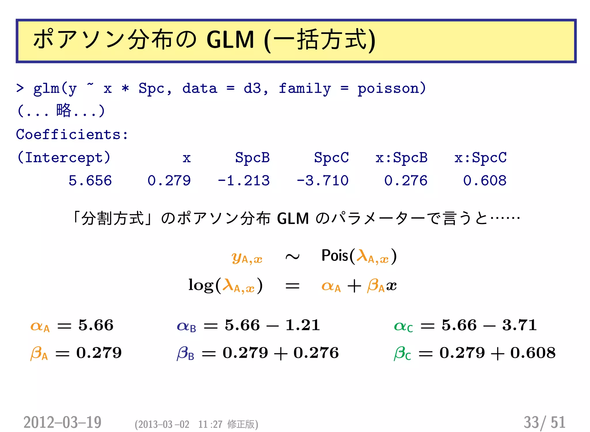 ポアソン分布の GLM (一括方式)
> glm(y ~ x * Spc, data = d3, family = poisson)
(... 略...)
Coefficients:
(Intercept) x SpcB SpcC x:SpcB x:SpcC
5.656 0.279 -1.213 -3.710 0.276 0.608
「分割方式」のポアソン分布 GLM のパラメーターで言うと……
yA,x ∼ Pois(λA,x)
log(λA,x) = αA + βAx
αA = 5.66 αB = 5.66 − 1.21 αC = 5.66 − 3.71
βA = 0.279 βB = 0.279 + 0.276 βC = 0.279 + 0.608
2012–03–19 (2013–03 –02 11 :27 修正版) 33/ 51
 