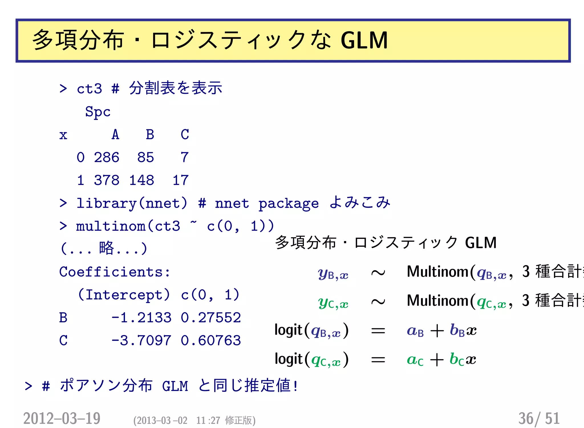 多項分布・ロジスティックな GLM
> ct3 # 分割表を表示
Spc
x A B C
0 286 85 7
1 378 148 17
> library(nnet) # nnet package よみこみ
> multinom(ct3 ~ c(0, 1))
(... 略...)
Coefficients:
(Intercept) c(0, 1)
B -1.2133 0.27552
C -3.7097 0.60763
> # ポアソン分布 GLM と同じ推定値!
多項分布・ロジスティック GLM
yB,x ∼ Multinom(qB,x, 3 種合計数
yC,x ∼ Multinom(qC,x, 3 種合計数
logit(qB,x) = aB + bBx
logit(qC,x) = aC + bCx
2012–03–19 (2013–03 –02 11 :27 修正版) 36/ 51
 