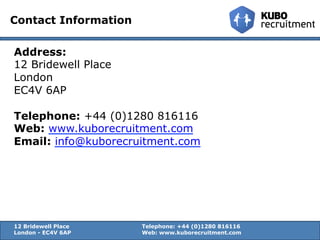 Address:
12 Bridewell Place
London
EC4V 6AP
Telephone: +44 (0)1280 816116
Web: www.kuborecruitment.com
Email: info@kuborecruitment.com
Contact Information
12 Bridewell Place Telephone: +44 (0)1280 816116
London - EC4V 6AP Web: www.kuborecruitment.com
 