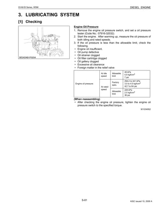 S-81
03-M-DI Series, WSM DIESEL ENGINE
3. LUBRICATING SYSTEM
[1] Checking
Engine Oil Pressure
1. Remove the engine oil pressure switch, and set a oil pressure
tester (Code No.: 07916-32032).
2. Start the engine. After warming up, measure the oil pressure of
both idling and rated speeds.
3. If the oil pressure is less than the allowable limit, check the
following.
• Engine oil insufficient.
• Oil pump defective
• Oil strainer clogged
• Oil filter cartridge clogged
• Oil gallery clogged
• Excessive oil clearance
• Foreign matter in the relief valve
(When reassembling)
• After checking the engine oil pressure, tighten the engine oil
pressure switch to the specified torque.
W1034952
Engine oil pressure
At idle
speed
Allowable
limit
49 kPa
0.5 kgf/cm2
7 psi
At rated
speed
Factory
spec.
294.2 to 441 kPa
3.0 to 4.5 kgf/cm2
42.7 to 64 psi
Allowable
limit
245 kPa
2.5 kgf/cm2
36 psi
KiSC issued 10, 2009 A
 