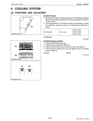 S-83
03-M-DI Series, WSM DIESEL ENGINE
4. COOLING SYSTEM
[1] CHECKING AND ADJUSTING
Fan Belt Tension
1. Measure the deflection (A), depressing the belt halfway between
the fan drive pulley and alternator pulley at specified force (98 N,
10 kgf, 22 lbs).
2. If the measurement is not within the factory specifications, loosen
the alternator mounting screws and relocate the alternator to
adjust.
W1035667
Fan Belt Damage and Wear
1. Check the fan belt for damage.
2. If the fan belt is damaged, replace it.
3. Check if the fan belt is worn and sunk in the pulley groove.
4. If the fan belt is nearly worn out and deeply sunk in the pulley
groove, replace it.
W1035758
Deflection (A) Factory spec.
7.0 to 9.0 mm /
98 N or 10 kgf
0.28 to 0.35 in. /
98 N or 22 lbs
(A) Deflection
(A) Good (B) Bad
KiSC issued 10, 2009 A
 