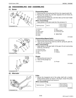 S-93
03-M-DI Series, WSM DIESEL ENGINE
[2] DISASSEMBLING AND ASSEMBLING
(1) Starter
Disassembling Motor
1. Disconnect the connecting lead (9) from the magnet switch (8).
2. Remove the screws (6), and then separate the end frame (4),
yoke (2) and armature (1).
3. Remove the two screws (5), and then take out the brush holder
(3) from the end frame (4).
(When reassembling)
• Apply grease to the spline teeth A of the armature (1).
W1016288
Disassembling Magnet Switch
1. Remove the drive end frame (1) mounting screws.
2. Take out the overrunning clutch (2), ball (3), spring (4), gear (5),
rollers (6) and retainer (7).
(When reassembling)
• Apply grease to the gear teeth of the gear (5) and overrunning
clutch (2), and ball (3).
W1016728
Plunger
1. Remove the end cover (1).
2. Take out the plunger (2).
W1016883
(2) Alternator
Pulley
1. Secure the hexagonal end of the pulley shaft with a double-
ended ratchet wrench as shown in the figure, loosen the pulley
nut with a socket wrench and remove it.
(When reassembling)
W1018728
Tightening torque Nut (7)
5.9 to 11.8 N·m
0.6 to 1.2 kgf·m
4.3 to 8.7 ft-lbs
(1) Armature
(2) Yoke
(3) Brush Holder
(4) End Frame
(5) Screw
(6) Screw
(7) Nut
(8) Magnet Switch
(9) Connecting Lead
A: Spline Teeth
(1) Drive End Frame
(2) Overrunning Clutch
(3) Ball
(4) Spring
(5) Gear
(6) Roller
(7) Retainer
(1) End Cover (2) Plunger
Tightening torque Pulley nut
58.3 to 78.9 N·m
5.95 to 8.05 kgf·m
43.0 to 58.2 ft-lbs
KiSC issued 10, 2009 A
 