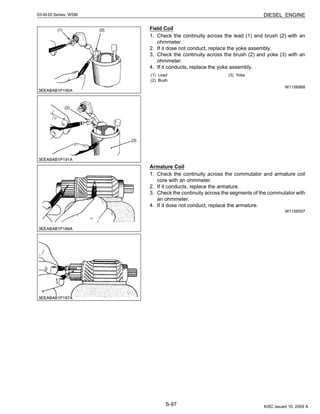 S-97
03-M-DI Series, WSM DIESEL ENGINE
Field Coil
1. Check the continuity across the lead (1) and brush (2) with an
ohmmeter.
2. If it dose not conduct, replace the yoke assembly.
3. Check the continuity across the brush (2) and yoke (3) with an
ohmmeter.
4. If it conducts, replace the yoke assembly.
W1156968
Armature Coil
1. Check the continuity across the commutator and armature coil
core with an ohmmeter.
2. If it conducts, replace the armature.
3. Check the continuity across the segments of the commutator with
an ohmmeter.
4. If it dose not conduct, replace the armature.
W1156507
(1) Lead
(2) Bush
(3) Yoke
KiSC issued 10, 2009 A
 