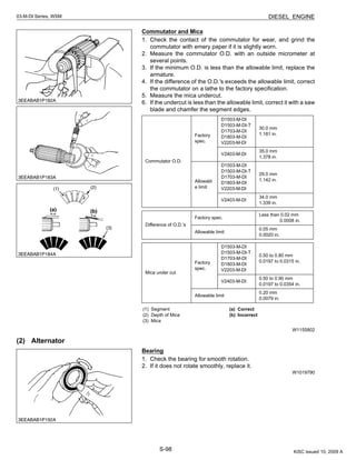 S-98
03-M-DI Series, WSM DIESEL ENGINE
Commutator and Mica
1. Check the contact of the commutator for wear, and grind the
commutator with emery paper if it is slightly worn.
2. Measure the commutator O.D. with an outside micrometer at
several points.
3. If the minimum O.D. is less than the allowable limit, replace the
armature.
4. If the difference of the O.D.'s exceeds the allowable limit, correct
the commutator on a lathe to the factory specification.
5. Measure the mica undercut.
6. If the undercut is less than the allowable limit, correct it with a saw
blade and chamfer the segment edges.
W1155802
(2) Alternator
Bearing
1. Check the bearing for smooth rotation.
2. If it does not rotate smoothly, replace it.
W1019790
Commutator O.D.
Factory
spec.
D1503-M-DI
D1503-M-DI-T
D1703-M-DI
D1803-M-DI
V2203-M-DI
30.0 mm
1.181 in.
V2403-M-DI
35.0 mm
1.378 in.
Allowabl
e limit
D1503-M-DI
D1503-M-DI-T
D1703-M-DI
D1803-M-DI
V2203-M-DI
29.0 mm
1.142 in.
V2403-M-DI
34.0 mm
1.339 in.
Difference of O.D.’s
Factory spec.
Less than 0.02 mm
0.0008 in.
Allowable limit
0.05 mm
0.0020 in.
Mica under cut
Factory
spec.
D1503-M-DI
D1503-M-DI-T
D1703-M-DI
D1803-M-DI
V2203-M-DI
0.50 to 0.80 mm
0.0197 to 0.0315 in.
V2403-M-DI
0.50 to 0.90 mm
0.0197 to 0.0354 in.
Allowable limit
0.20 mm
0.0079 in.
(1) Segment
(2) Depth of Mica
(3) Mica
(a) Correct
(b) Incorrect
KiSC issued 10, 2009 A
 
