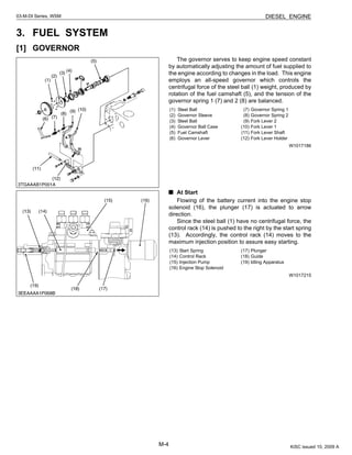 M-4
03-M-DI Series, WSM DIESEL ENGINE
3. FUEL SYSTEM
[1] GOVERNOR
The governor serves to keep engine speed constant
by automatically adjusting the amount of fuel supplied to
the engine according to changes in the load. This engine
employs an all-speed governor which controls the
centrifugal force of the steel ball (1) weight, produced by
rotation of the fuel camshaft (5), and the tension of the
governor spring 1 (7) and 2 (8) are balanced.
W1017186
At Start
Flowing of the battery current into the engine stop
solenoid (16), the plunger (17) is actuated to arrow
direction.
Since the steel ball (1) have no centrifugal force, the
control rack (14) is pushed to the right by the start spring
(13). Accordingly, the control rack (14) moves to the
maximum injection position to assure easy starting.
W1017215
(1) Steel Ball
(2) Governor Sleeve
(3) Steel Ball
(4) Governor Ball Case
(5) Fuel Camshaft
(6) Governor Lever
(7) Governor Spring 1
(8) Governor Spring 2
(9) Fork Lever 2
(10) Fork Lever 1
(11) Fork Lever Shaft
(12) Fork Lever Holder
(13) Start Spring
(14) Control Rack
(15) Injection Pump
(16) Engine Stop Solenoid
(17) Plunger
(18) Guide
(19) Idling Apparatus
KiSC issued 10, 2009 A
 