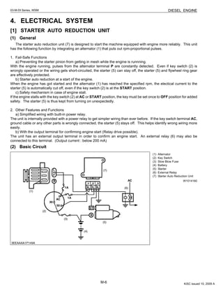 M-6
03-M-DI Series, WSM DIESEL ENGINE
4. ELECTRICAL SYSTEM
[1] STARTER AUTO REDUCTION UNIT
(1) General
The starter auto reduction unit (7) is designed to start the machine equipped with engine more reliably. This unit
has the following function by integrating an alternator (1) that puts out rpm-proportional pulses.
1. Fail-Safe Functions
a) Preventing the starter pinion from getting in mesh while the engine is runnning.
With the engine running, pulses from the alternator terminal P are constantly detected. Even if key switch (2) is
wrongly operated or the wiring gets short-circuited, the starter (5) can stay off, the starter (5) and flywheel ring gear
are effectively protected.
b) Starter auto reduction at a start of the engine.
When the engine has got started and the alternator (1) has reached the specified rpm, the electical current to the
starter (5) is automatically cut off, even if the key switch (2) is at the START position.
c) Safety mechanism in case of engine stall.
If the engine stalls with the key switch (2) at AC or START position, the key must be set once to OFF position for added
safety. The starter (5) is thus kept from turning on unexpectedly.
2. Other Features and Functions
a) Simplified wiring with built-in power relay.
The unit is internally provided with a power relay to get simpler wiring than ever before. If the key switch terminal AC,
ground cable or any other parts is wrongly connected, the starter (5) stays off. This helps identify wrong wiring more
easily.
b) With the output terminal for confirming engine start (Relay drive possible).
The unit has an external output terminal in order to confirm an engine start. An external relay (6) may also be
connected to this terminal. (Output current : below 200 mA)
(2) Basic Circuit
W1014160
(1) Alternator
(2) Key Switch
(3) Slow Blow Fuse
(4) Battery
(5) Starter
(6) External Relay
(7) Starter Auto Reduction Unit
KiSC issued 10, 2009 A
 