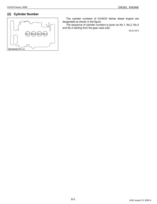 S-2
03-M-DI Series, WSM DIESEL ENGINE
(2) Cylinder Number
The cylinder numbers of 03-M-DI Series diesel engine are
designated as shown in the figure.
The sequence of cylinder numbers is given as No.1, No.2, No.3
and No.4 starting from the gear case side.
W1011077
KiSC issued 10, 2009 A
 