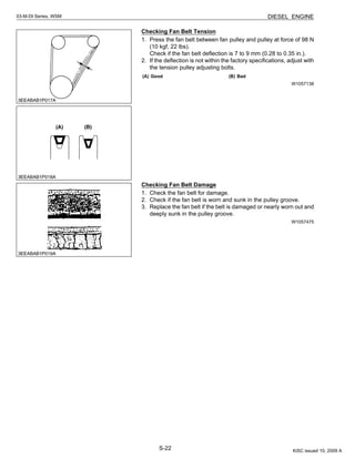 S-22
03-M-DI Series, WSM DIESEL ENGINE
Checking Fan Belt Tension
1. Press the fan belt between fan pulley and pulley at force of 98 N
(10 kgf, 22 lbs).
Check if the fan belt deflection is 7 to 9 mm (0.28 to 0.35 in.).
2. If the deflection is not within the factory specifications, adjust with
the tension pulley adjusting bolts.
W1057138
Checking Fan Belt Damage
1. Check the fan belt for damage.
2. Check if the fan belt is worn and sunk in the pulley groove.
3. Replace the fan belt if the belt is damaged or nearly worn out and
deeply sunk in the pulley groove.
W1057475
(A) Good (B) Bad
KiSC issued 10, 2009 A
 