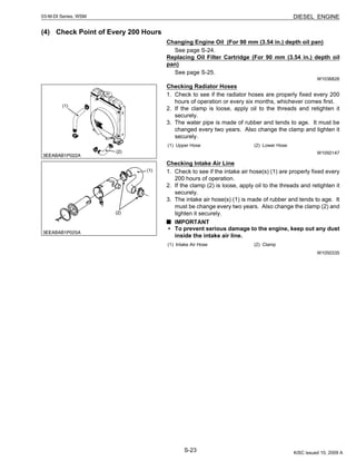 S-23
03-M-DI Series, WSM DIESEL ENGINE
(4) Check Point of Every 200 Hours
Changing Engine Oil (For 90 mm (3.54 in.) depth oil pan)
See page S-24.
Replacing Oil Filter Cartridge (For 90 mm (3.54 in.) depth oil
pan)
See page S-25.
W1036826
Checking Radiator Hoses
1. Check to see if the radiator hoses are properly fixed every 200
hours of operation or every six months, whichever comes first.
2. If the clamp is loose, apply oil to the threads and retighten it
securely.
3. The water pipe is made of rubber and tends to age. It must be
changed every two years. Also change the clamp and tighten it
securely.
W1050147
Checking Intake Air Line
1. Check to see if the intake air hose(s) (1) are properly fixed every
200 hours of operation.
2. If the clamp (2) is loose, apply oil to the threads and retighten it
securely.
3. The intake air hose(s) (1) is made of rubber and tends to age. It
must be change every two years. Also change the clamp (2) and
tighten it securely.
IMPORTANT
• To prevent serious damage to the engine, keep out any dust
inside the intake air line.
W1050335
(1) Upper Hose (2) Lower Hose
(1) Intake Air Hose (2) Clamp
KiSC issued 10, 2009 A
 