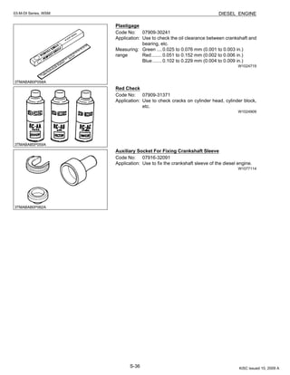 S-36
03-M-DI Series, WSM DIESEL ENGINE
Plastigage
Code No: 07909-30241
Application: Use to check the oil clearance between crankshaft and
bearing, etc.
Measuring: Green ....0.025 to 0.076 mm (0.001 to 0.003 in.)
range Red........0.051 to 0.152 mm (0.002 to 0.006 in.)
Blue .......0.102 to 0.229 mm (0.004 to 0.009 in.)
W1024719
Red Check
Code No: 07909-31371
Application: Use to check cracks on cylinder head, cylinder block,
etc.
W1024909
Auxiliary Socket For Fixing Crankshaft Sleeve
Code No: 07916-32091
Application: Use to fix the crankshaft sleeve of the diesel engine.
W1077114
KiSC issued 10, 2009 A
 