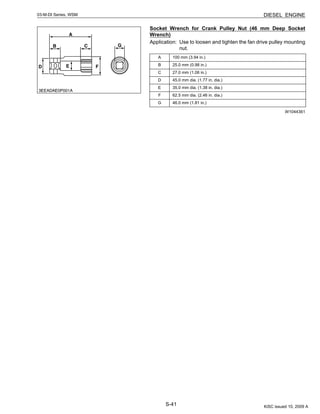 S-41
03-M-DI Series, WSM DIESEL ENGINE
Socket Wrench for Crank Pulley Nut (46 mm Deep Socket
Wrench)
Application: Use to loosen and tighten the fan drive pulley mounting
nut.
W1044361
A 100 mm (3.94 in.)
B 25.0 mm (0.98 in.)
C 27.0 mm (1.06 in.)
D 45.0 mm dia. (1.77 in. dia.)
E 35.0 mm dia. (1.38 in. dia.)
F 62.5 mm dia. (2.46 in. dia.)
G 46.0 mm (1.81 in.)
KiSC issued 10, 2009 A
 