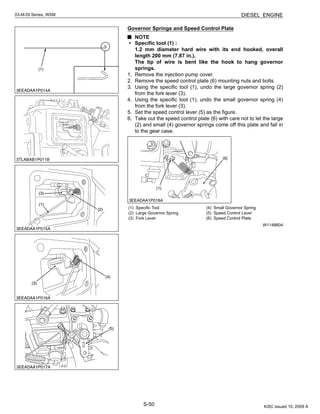 S-50
03-M-DI Series, WSM DIESEL ENGINE
Governor Springs and Speed Control Plate
NOTE
• Specific tool (1) :
1.2 mm diameter hard wire with its end hooked, overall
length 200 mm (7.87 in.).
The tip of wire is bent like the hook to hang governor
springs.
1. Remove the injection pump cover.
2. Remove the speed control plate (6) mounting nuts and bolts.
3. Using the specific tool (1), undo the large governor spring (2)
from the fork lever (3).
4. Using the specific tool (1), undo the small governor spring (4)
from the fork lever (3).
5. Set the speed control lever (5) as the figure.
6. Take out the speed control plate (6) with care not to let the large
(2) and small (4) governor springs come off this plate and fall in
to the gear case.
W1148604
(1) Specific Tool
(2) Large Governor Spring
(3) Fork Lever
(4) Small Governor Spring
(5) Speed Control Lever
(6) Speed Control Plate
KiSC issued 10, 2009 A
 