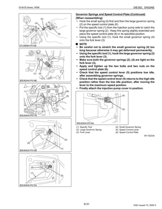 S-51
03-M-DI Series, WSM DIESEL ENGINE
Governor Springs and Speed Control Plate (Continued)
(When reassembling)
• Hook the small spring (4) first and then the large governor spring
(2) on the speed control plate (6).
• Put the specific tool (1) from the injection pump side to catch the
large governor spring (2). Keep this spring slightly extended and
place the speed control plate (6) in its specified position.
• Using the specific tool (1), hook the small governor spring (4)
onto the fork lever (3).
NOTE
• Be careful not to stretch the small governor spring (4) too
long because otherwise it may get deformed permanently.
• Using the specific tool (1), hook the large governor spring (2)
onto the fork lever (3).
• Make sure both the governor springs (2), (4) are tight on the
fork lever (3).
• Apply and tighten up the two bolts and two nuts on the
speed control plate (6).
• Check that the speed control lever (5) positions low idle,
after assembling governor springs.
• Check that the speed control lever (5) returns to the high idle
position rather than the low idle position, after moving the
lever to the maximum speed position.
• Finally attach the injection pump cover in position.
W1152334
(1) Specific Tool
(2) Large Governor Spring
(3) Fork Lever
(4) Small Governor Spring
(5) Speed Control Lever
(6) Speed Control Plate
KiSC issued 10, 2009 A
 