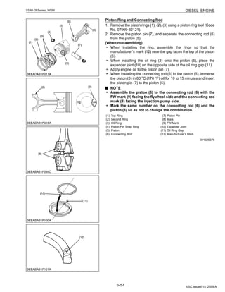 S-57
03-M-DI Series, WSM DIESEL ENGINE
Piston Ring and Connecting Rod
1. Remove the piston rings (1), (2), (3) using a piston ring tool (Code
No. 07909-32121).
2. Remove the piston pin (7), and separate the connecting rod (6)
from the piston (5).
(When reassembling)
• When installing the ring, assemble the rings so that the
manufacturer’s mark (12) near the gap faces the top of the piston
(5).
• When installing the oil ring (3) onto the piston (5), place the
expander joint (10) on the opposite side of the oil ring gap (11).
• Apply engine oil to the piston pin (7).
• When installing the connecting rod (6) to the piston (5), immerse
the piston (5) in 80 °C (176 °F) oil for 10 to 15 minutes and insert
the piston pin (7) to the piston (5).
NOTE
• Assemble the piston (5) to the connecting rod (6) with the
FW mark (9) facing the flywheel side and the connecting rod
mark (8) facing the injection pump side.
• Mark the same number on the connecting rod (6) and the
piston (5) so as not to change the combination.
W1026376
(1) Top Ring
(2) Second Ring
(3) Oil Ring
(4) Piston Pin Snap Ring
(5) Piston
(6) Connecting Rod
(7) Piston Pin
(8) Mark
(9) FW Mark
(10) Expander Joint
(11) Oil Ring Gap
(12) Manufacturer’s Mark
KiSC issued 10, 2009 A
 