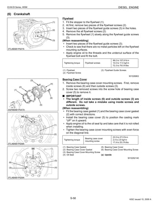 S-58
03-M-DI Series, WSM DIESEL ENGINE
(6) Crankshaft
Flywheel
1. Fit the stopper to the flywheel (1).
2. At first, remove two pieces of the flywheel screws (2).
3. Insert two pieces of the flywheel guide screws (3) in the holes.
4. Remove the all flywheel screws (2).
5. Remove the flywheel (1) slowly along the flywheel guide screws
(3).
(When reassembling)
• Insert two pieces of the flywheel guide screws (3).
• Check to see that there are no metal particles left on the flywheel
mounting surfaces.
• Apply engine oil to the threads and the undercut surface of the
flywheel bolt and fit the bolt.
W1026863
Bearing Case Cover
1. Remove the bearing case cover mounting screws. First, remove
inside screws (6) and then outside screws (3).
2. Screw two removed screws into the screw hole of bearing case
cover (5) to remove it.
IMPORTANT
• The length of inside screws (6) and outside screws (3) are
different. Do not take a mistake using inside screws and
outside screws.
(When reassembling)
• Fit the bearing case gasket (1) and the bearing case cover gasket
(2) with correct directions.
• Install the bearing case cover (5) to position the casting mark
“UP” on it upward.
• Apply engine oil to the oil seal lip and take care that it is not rolled
when installing.
• Tighten the bearing case cover mounting screws with even force
on the diagonal line.
W10292140
Tightening torque Flywheel screws
98.0 to 107.8 N·m
10.0 to 11.0 kgf·m
72.3 to 79.5 ft-lbs
(1) Flywheel
(2) Flywheel Screw
(3) Flywheel Guide Screws
Tightening torque
Bearing case cover
mounting screw
23.5 to 27.5 N·m
2.4 to 2.8 kgf·m
17.4 to 20.3 ft-lbs
(1) Bearing Case Gasket
(2) Bearing Case Cover Gasket
(3) Bearing Case Cover Mounting Screw
(4) Oil Seal
(5) Bearing Case Cover
(6) Bearing Case Cover Mounting Screw
(a) Upside
KiSC issued 10, 2009 A
 