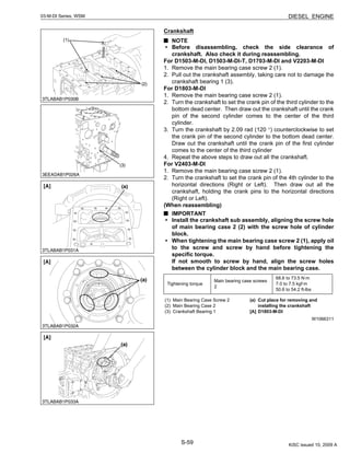 S-59
03-M-DI Series, WSM DIESEL ENGINE
Crankshaft
NOTE
• Before disassembling, check the side clearance of
crankshaft. Also check it during reassembling.
For D1503-M-DI, D1503-M-DI-T, D1703-M-DI and V2203-M-DI
1. Remove the main bearing case screw 2 (1).
2. Pull out the crankshaft assembly, taking care not to damage the
crankshaft bearing 1 (3).
For D1803-M-DI
1. Remove the main bearing case screw 2 (1).
2. Turn the crankshaft to set the crank pin of the third cylinder to the
bottom dead center. Then draw out the crankshaft until the crank
pin of the second cylinder comes to the center of the third
cylinder.
3. Turn the crankshaft by 2.09 rad (120 °) counterclockwise to set
the crank pin of the second cylinder to the bottom dead center.
Draw out the crankshaft until the crank pin of the first cylinder
comes to the center of the third cylinder
4. Repeat the above steps to draw out all the crankshaft.
For V2403-M-DI
1. Remove the main bearing case screw 2 (1).
2. Turn the crankshaft to set the crank pin of the 4th cylinder to the
horizontal directions (Right or Left). Then draw out all the
crankshaft, holding the crank pins to the horizontal directions
(Right or Left).
(When reassembling)
IMPORTANT
• Install the crankshaft sub assembly, aligning the screw hole
of main bearing case 2 (2) with the screw hole of cylinder
block.
• When tightening the main bearing case screw 2 (1), apply oil
to the screw and screw by hand before tightening the
specific torque.
If not smooth to screw by hand, align the screw holes
between the cylinder block and the main bearing case.
W1066311
Tightening torque
Main bearing case screws
2
68.6 to 73.5 N·m
7.0 to 7.5 kgf·m
50.6 to 54.2 ft-lbs
(1) Main Bearing Case Screw 2
(2) Main Bearing Case 2
(3) Crankshaft Bearing 1
(a) Cut place for removing and
installing the crankshaft
[A] D1803-M-DI
KiSC issued 10, 2009 A
 