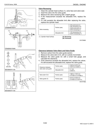 S-62
03-M-DI Series, WSM DIESEL ENGINE
Valve Recessing
1. Clean the cylinder head surface (1), valve face and valve seat.
2. Insert the valve into the valve guide.
3. Measure the valve recessing with a depth gauge.
4. If the measurement exceeds the allowable limit, replace the
valve.
5. If it still exceeds the allowable limit after replacing the valve,
replace the cylinder head.
W1076880
Clearance between Valve Stem and Valve Guide
1. Remove carbon from the valve guide section.
2. Measure the valve stem O.D. with an outside micrometer.
3. Measure the valve guide I.D. with a small hole gauge, and
calculate the clearance.
4. If the clearance exceeds the allowable limit, replace the valves.
If it still exceeds the allowable limit, replace the valve guide.
W1077495
Valve recessing
Factory spec.
0.65 (protrusion) to
0.85 (recessing) mm
0.026 (protrusion) to
0.033 (recessing) in.
Allowable limit
1.20 (recessing) mm
0.0472 (recessing) in.
(1) Cylinder Head Surface (A) Recessing
(B) Protrusion
Clearance between
valve stem and guide
Factory spec.
0.040 to 0.070 mm
0.0016 to 0.0028 in.
Allowable limit
0.1 mm
0.0039 in.
Valve stem O.D. Factory spec.
7.960 to 7.975 mm
0.31339 to 0.314398 in.
Valve guide I.D. Factory spec.
8.015 to 8.030 mm
0.31555 to 0.31614 in.
KiSC issued 10, 2009 A
 