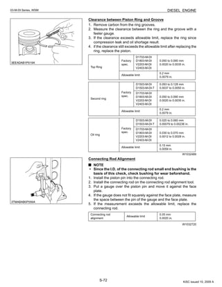 S-72
03-M-DI Series, WSM DIESEL ENGINE
Clearance between Piston Ring and Groove
1. Remove carbon from the ring grooves.
2. Measure the clearance between the ring and the groove with a
feeler gauge.
3. If the clearance exceeds allowable limit, replace the ring since
compression leak and oil shortage result.
4. if the clearance still exceeds the allowable limit after replacing the
ring, replace the piston.
W1032489
Connecting Rod Alignment
NOTE
• Since the I.D. of the connecting rod small end bushing is the
basis of this check, check bushing for wear beforehand.
1. Install the piston pin into the connecting rod.
2. Install the connecting rod on the connecting rod alignment tool.
3. Put a gauge over the piston pin and move it against the face
plate.
4. If the gauge does not fit squarely against the face plate, measure
the space between the pin of the gauge and the face plate.
5. If the measurement exceeds the allowable limit, replace the
connecting rod.
W1032720
Top Ring
Factory
spec.
D1703-M-DI
D1803-M-DI
V2203-M-DI
V2403-M-DI
0.050 to 0.090 mm
0.0020 to 0.0035 in.
Allowable limit
0.2 mm
0.0079 in.
Second ring
Factory
spec.
D1503-M-DI
D1503-M-DI-T
0.093 to 0.128 mm
0.0037 to 0.0050 in.
D1703-M-DI
D1803-M-DI
V2203-M-DI
V2403-M-DI
0.050 to 0.090 mm
0.0020 to 0.0035 in.
Allowable limit
0.2 mm
0.0079 in.
Oil ring
Factory
spec.
D1503-M-DI
D1503-M-DI-T
0.020 to 0.060 mm
0.00079 to 0.00236 in.
D1703-M-DI
D1803-M-DI
V2203-M-DI
V2403-M-DI
0.030 to 0.070 mm
0.0012 to 0.0028 in.
Allowable limit
0.15 mm
0.0059 in.
Connecting rod
alignment
Allowable limit
0.05 mm
0.0020 in.
KiSC issued 10, 2009 A
 