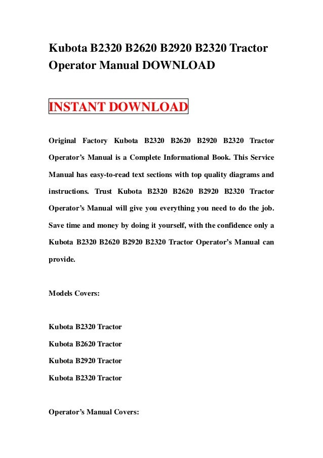 Kubota b2320 b2620 b2920 b2320 tractor operator manual download