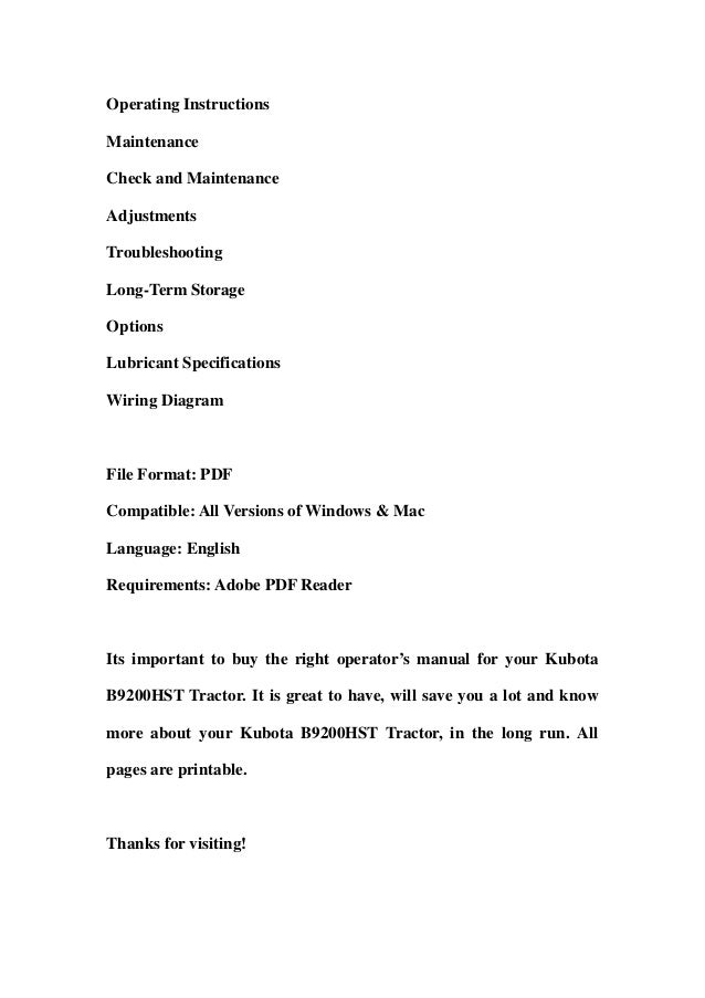 Kubota b9200 hst tractor operator manual download