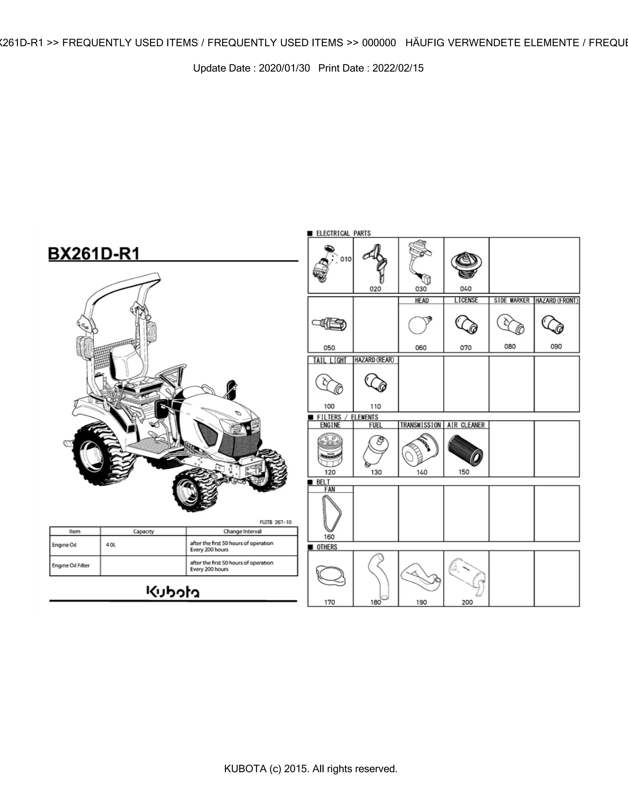 Kubota BX261DR1 Tractor Parts Catalogue Manual (Publishing ID