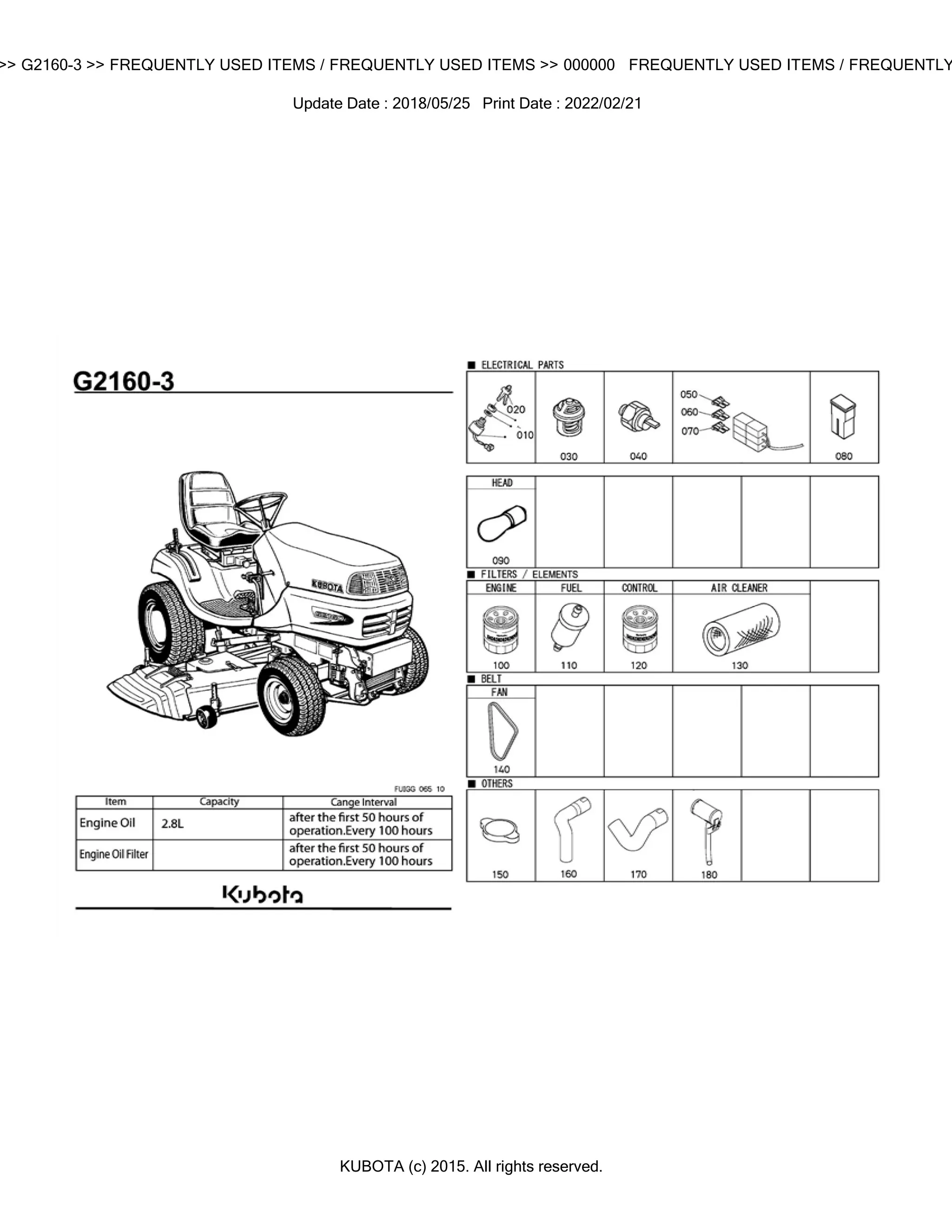 Kubota G2160-3 Garden Tractor Parts Catalogue Manual (Publishing ID