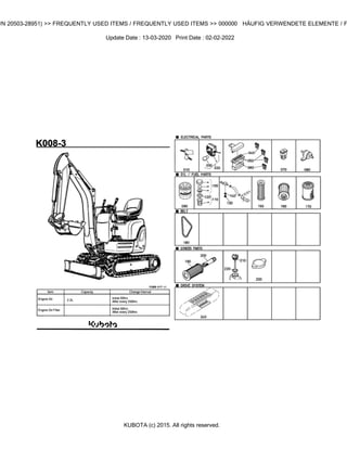 Kubota K008-3 Excavator Parts Catalogue Manual (Publishing ID