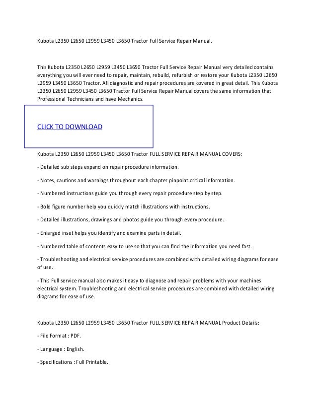 Kubota l2350 l2650 l2959 l3450 l3650 tractor full service manual repa…