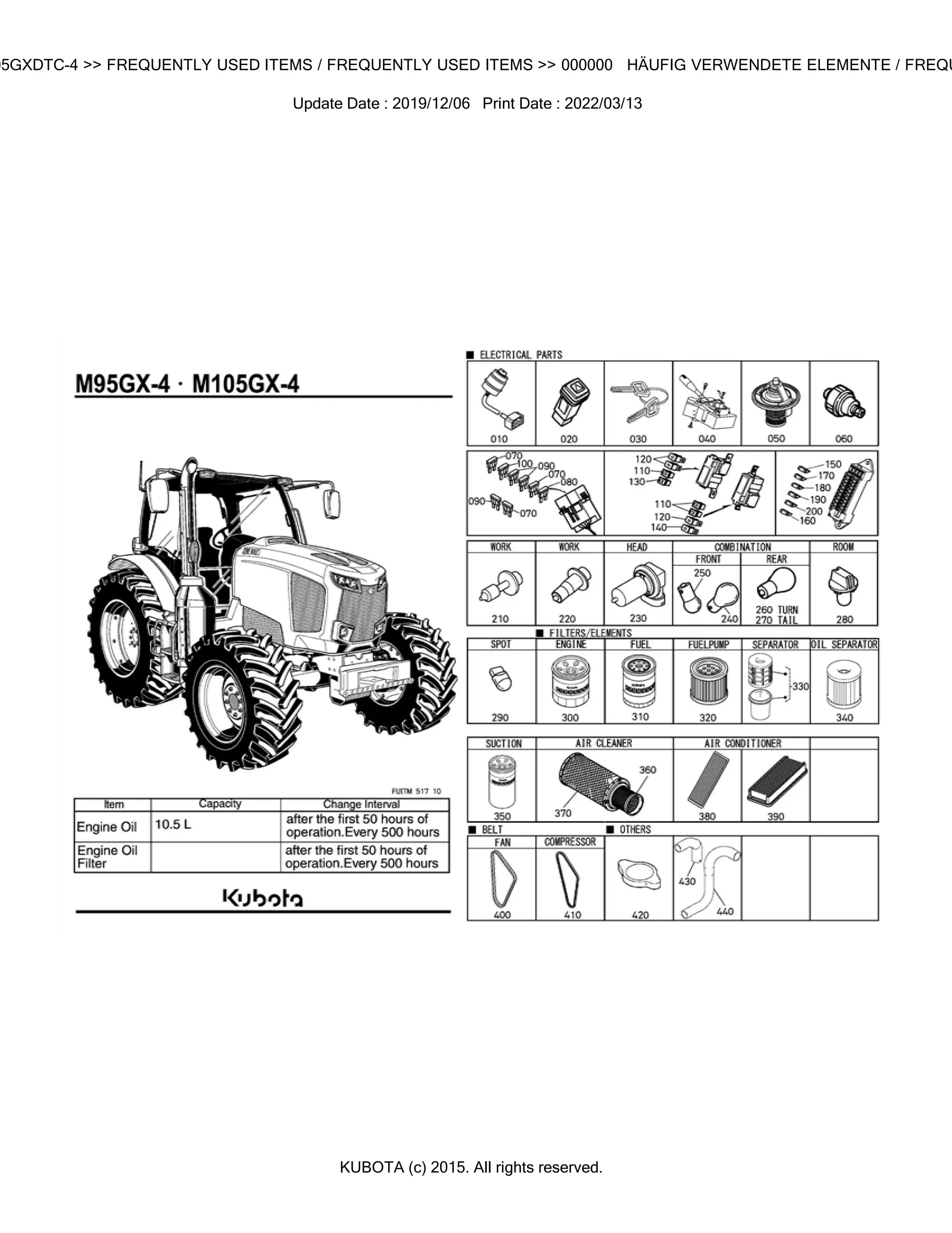 Kubota M105GXDTC-4 Tractor Parts Catalogue Manual (Publishing ID