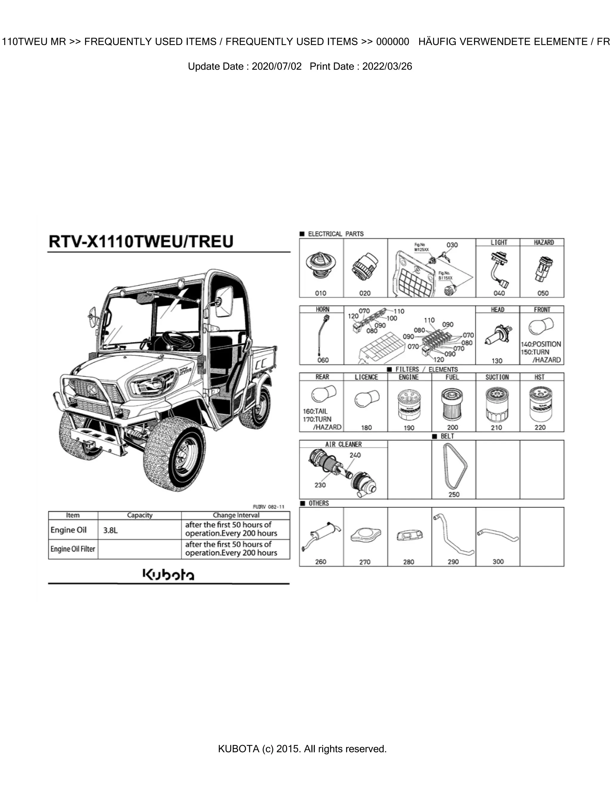 Kubota RTV-X1110TWEU MR Utility Vehicle Parts Catalogue Manual