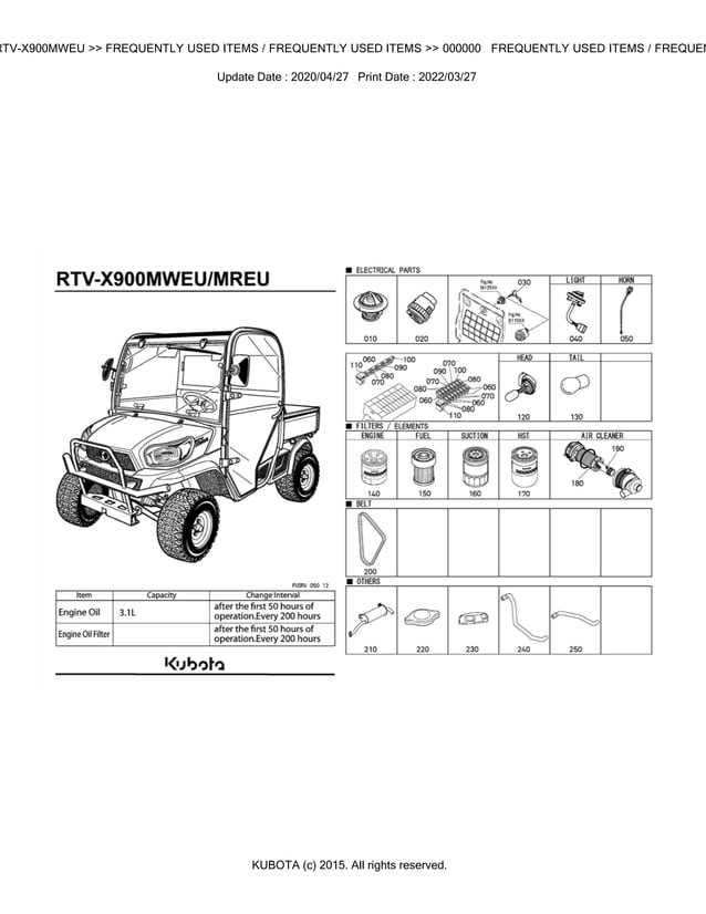 Kubota RTVX900MWEU Utility Vehicle Parts Catalogue Manual (Publishing