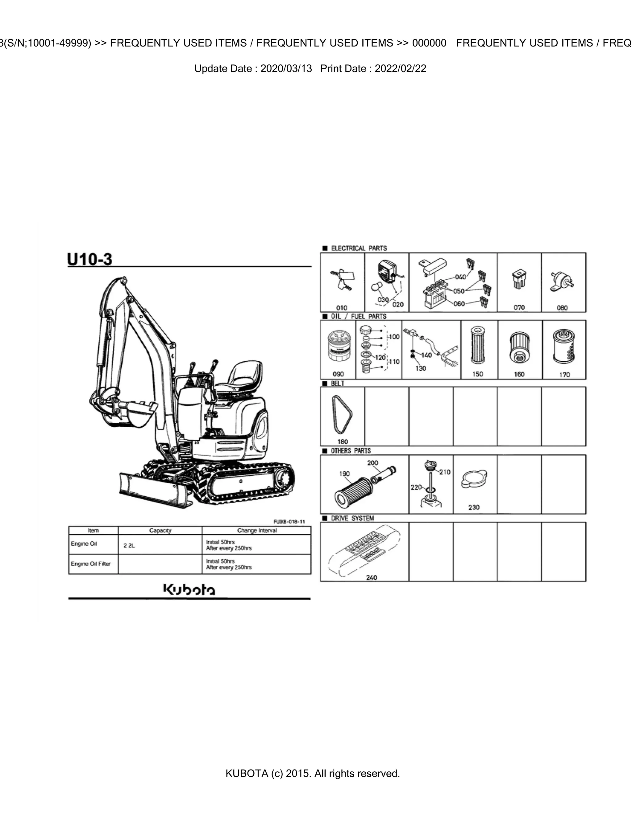Kubota U10-3 (SN 10001-49999) Excavator Parts Catalogue Manual
