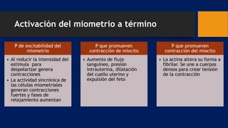 Activación del miometrio a término
P de excitabilidad del
miometrio
• Al reducir la intensidad del
estimula para
despolarizar genera
contracciones
• La actividad sincrónica de
las células miometriales
generan contracciones
fuertes y fases de
relajamiento aumentan
P que promueven
contracción de miocito
• Aumento de flujo
sanguíneo, presión
intrauterina, dilatación
del cuello uterino y
expulsión del feto
P que promueven
contracción del miocito
• La actina altera su forma a
fibrilar. Se une a cuerpos
densos para crear tensión
de la contracción
 