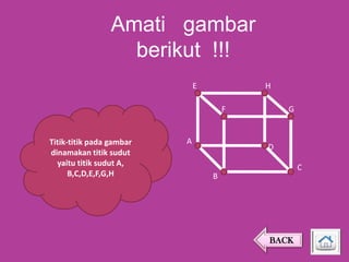 Amati gambar
berikut !!!
E

H
F

Titik-titik pada gambar
dinamakan titik sudut
yaitu titik sudut A,
B,C,D,E,F,G,H

A

G

D
C
B

BACK

 