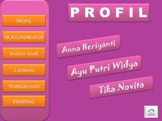 PROFIL

SK,KD,INDIKATOR

BAHAN AJAR

LATIHAN

PEMBAHASAN
REMIDIAL

PROFIL

 