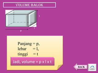 Volume BALOK
t

p

l

Panjang = p,
lebar = l,
tinggi = t

Jadi, volume = p x l x t
BACK

 