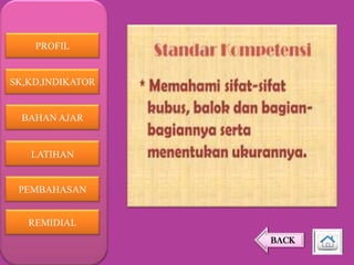 PROFIL

SK,KD,INDIKATOR

BAHAN AJAR

LATIHAN

PEMBAHASAN
REMIDIAL
BACK

 