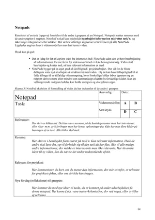 64
Notepads
Resultatet af en task (opgave) formidles til de andre i gruppen på en Notepad. Notepads sættes sammen med
de andre papirer i mappen. NotePad’n skal kun indeholde bearbejdet information målrettet task’n, og
ikke lange redegørelser eller artikler. Der sættes udførlige angivelser af referencer på alle NotePads.
Ligeledes angives hvor i vidensmodellen man har hentet viden.
Hvad kan gå galt
• Det er i dag for let at kopiere tekst fra internettet ind i NotePads uden den dybere bearbejdning
af informationen. Denne form for vidensoverførsel er ikke hensigtsmæssig. Viden skal
bearbejdes og kortes ned, så kun relevant information er med.
• NotePads bygger på en øget grad af skriftlighed i projektarbejdet. Der vil for de fleste
deltagere være nyt at arbejde så struktureret med viden. Og de kan have tilbøjelighed til at
falde tilbage til en tilfældig videnssøgning, hvor forskellige kilder løbes igennem og en
rapport skrives mere eller mindre som sammenkogt afskrift fra forskellige kilder. Kun en
velfungerende rød/grøn ledelse kan holde energien og disciplinen oppe.
Skema 3: NotePad skabelon til formidling af viden du har indsamlet til de andre i gruppen
Notepad
Ansvarlig: Dato::
Task: Vidensmodellen
Sæt kryds
A B
D C
Referencer:
Her skrives kilden ind. Det kan være navnene på de kontaktpersoner man har interviewet,
eller titler m.m. artikler/bøger man har hentet oplysninger fra. Ofte har man flere kilder på
løsningen af en task. Alle kilder skal med.
Resume:
Her skrives i bearbejdet form svaret på task’n. Kun relevant information. Husk de
andre skal læse det, og vil forholde sig til den task du har fået, ikke til alle mulige
andre informationer, der måske er interessante men ikke relevante. Har du andre
ideer til ny viden, kan du nævne det under nedenstående afsnit.
Relevans for projektet:
Her kommenterer du kort, om du mener den information, der står ovenfor, er relevant
for projektets fokus, eller om det ikke kan bruges.
Nye forslag (refleksioner) til gruppen:
Her kommer du med nye ideer til tasks, du er kommet på under udarbejdelsen fa
denne notepad. Det kunne f.eks. være netværkskontakter, der ved noget, eller artikler
af relevans.
 